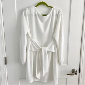 White Lantern Sleeve Dress with Tie Waist